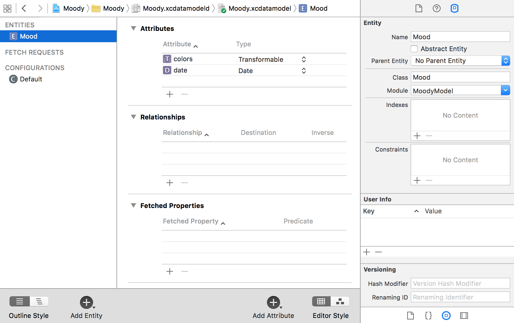 The Mood entity in Xcode’s model editor